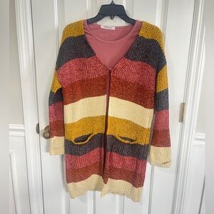 Zoey Rose Ivory Striped Popcorn Long Cardigan Matching Undershirt Size Large
